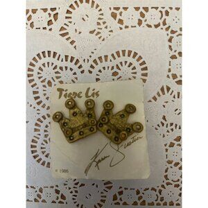 Vintage Karen Justice Tiger Lis Gold Crown Pierced Earrings Boho Wearable Art